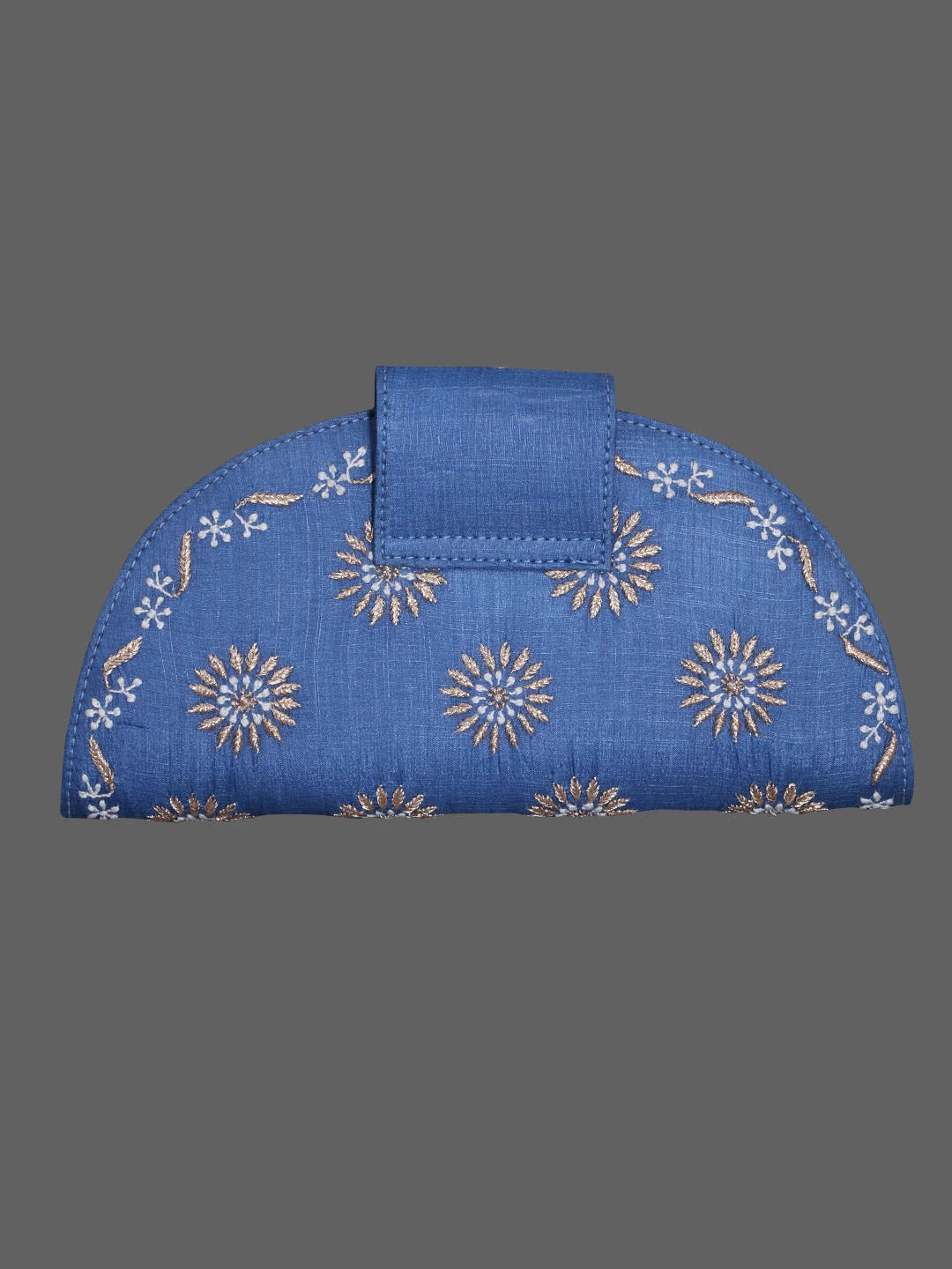 Ada Hand Embroidered Peacock Blue Silk Lucknowi Chikankari Clutch Box With Zari Work 01A398284