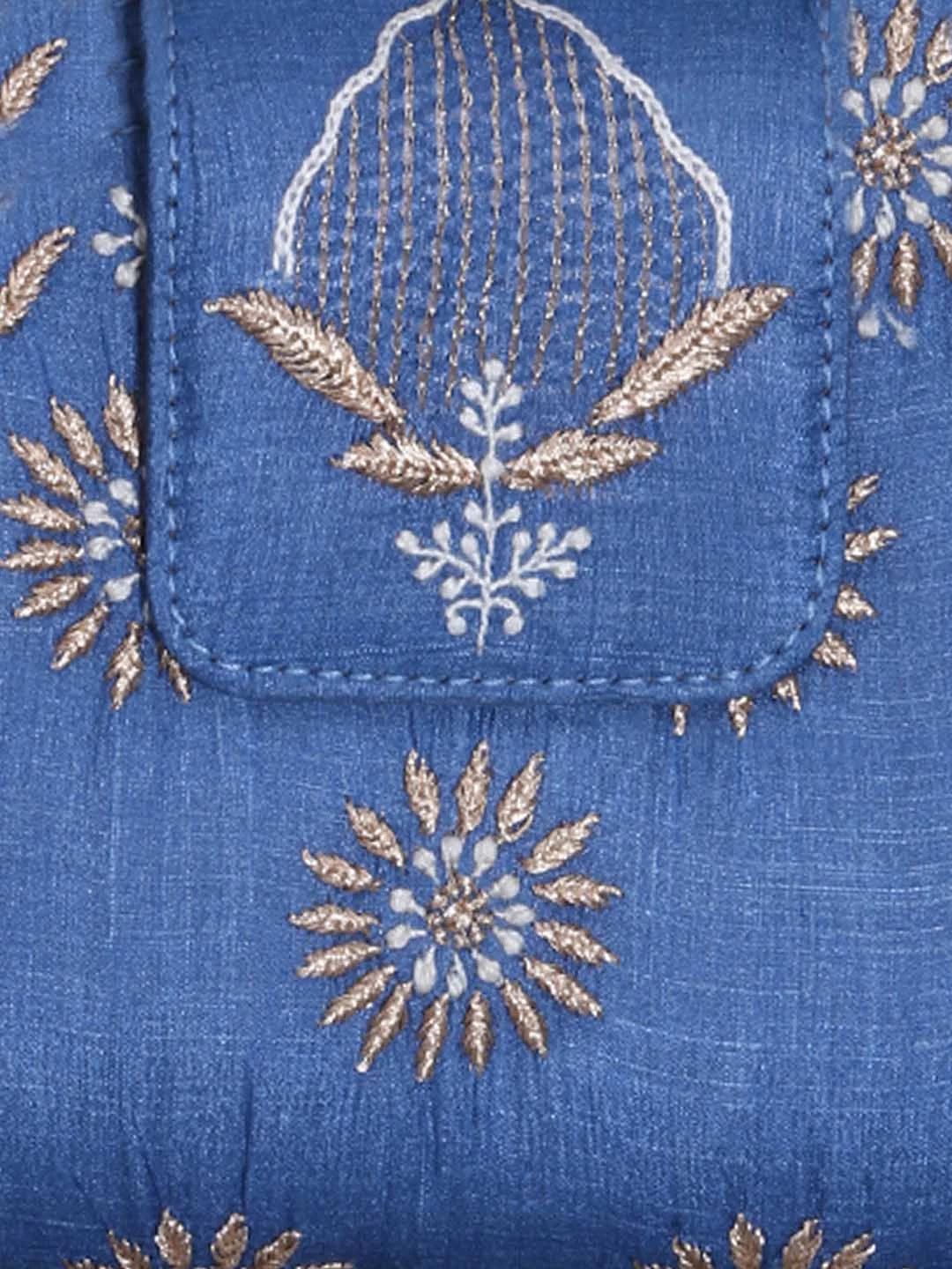 Ada Hand Embroidered Peacock Blue Silk Lucknowi Chikankari Clutch Box With Zari Work 01A398284