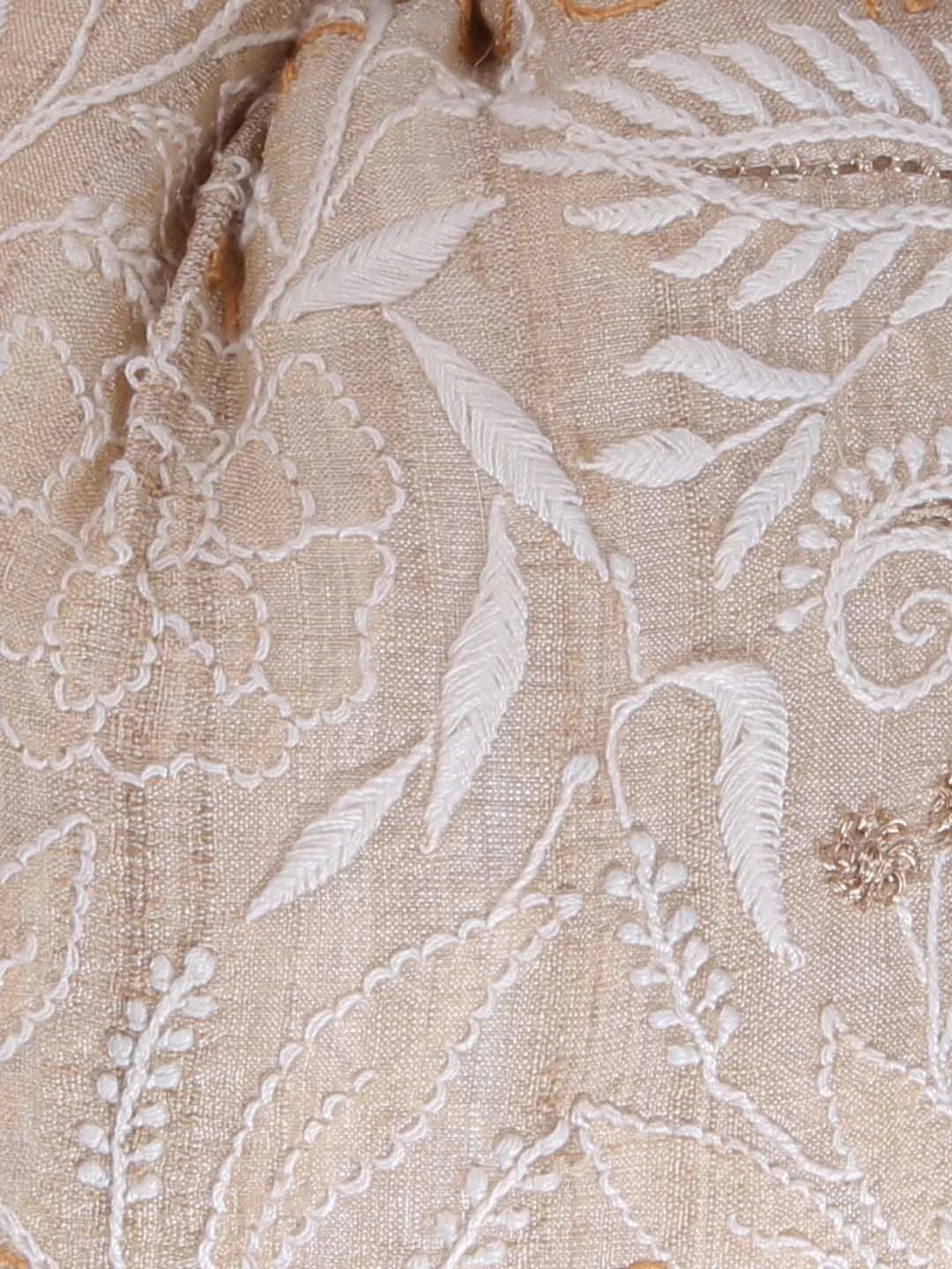 Ada Hand Embroidered Fawn Silk Lucknowi Chikankari Potli Bag With Zari Work 01A398062