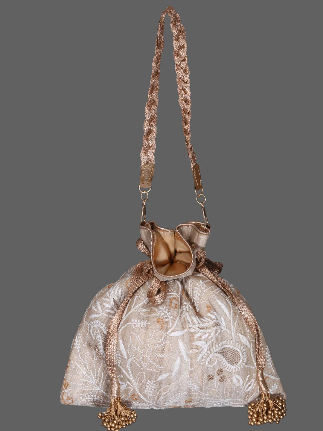 Ada Hand Embroidered Fawn Silk Lucknowi Chikankari Potli Bag With Zari Work 01A398062
