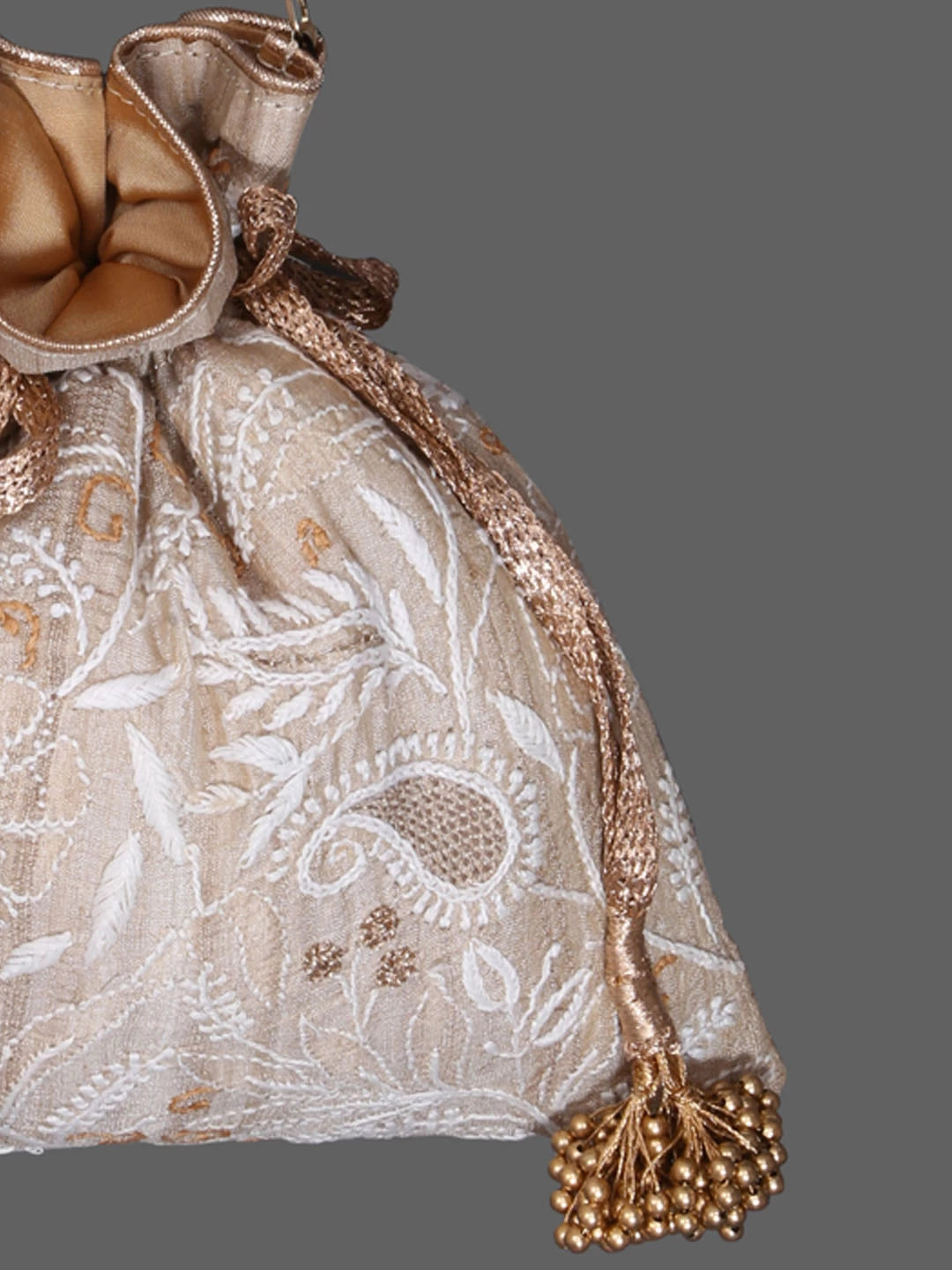 Ada Hand Embroidered Fawn Silk Lucknowi Chikankari Potli Bag With Zari Work 01A398062
