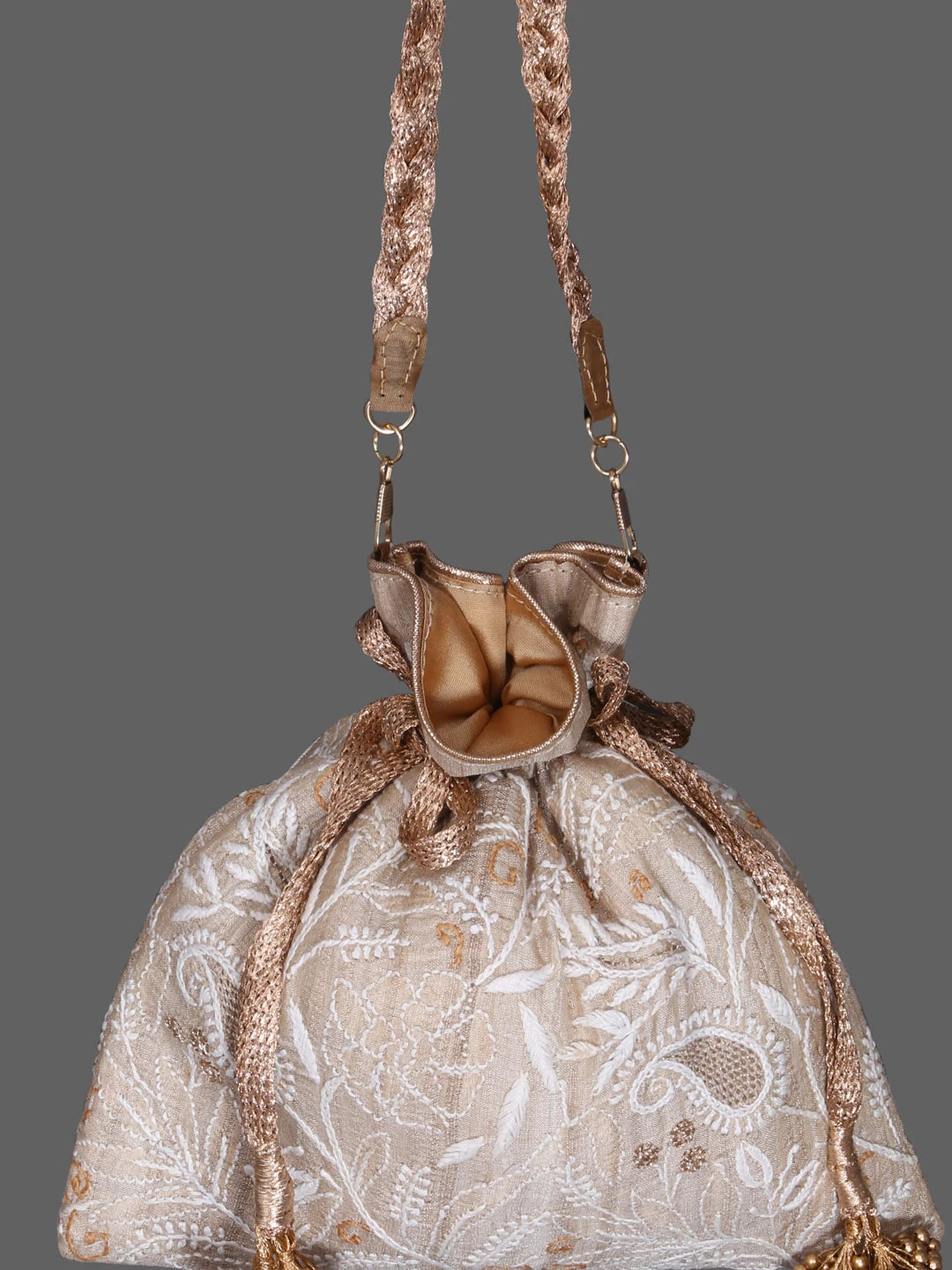 Ada Hand Embroidered Fawn Silk Lucknowi Chikankari Potli Bag With Zari Work 01A398062