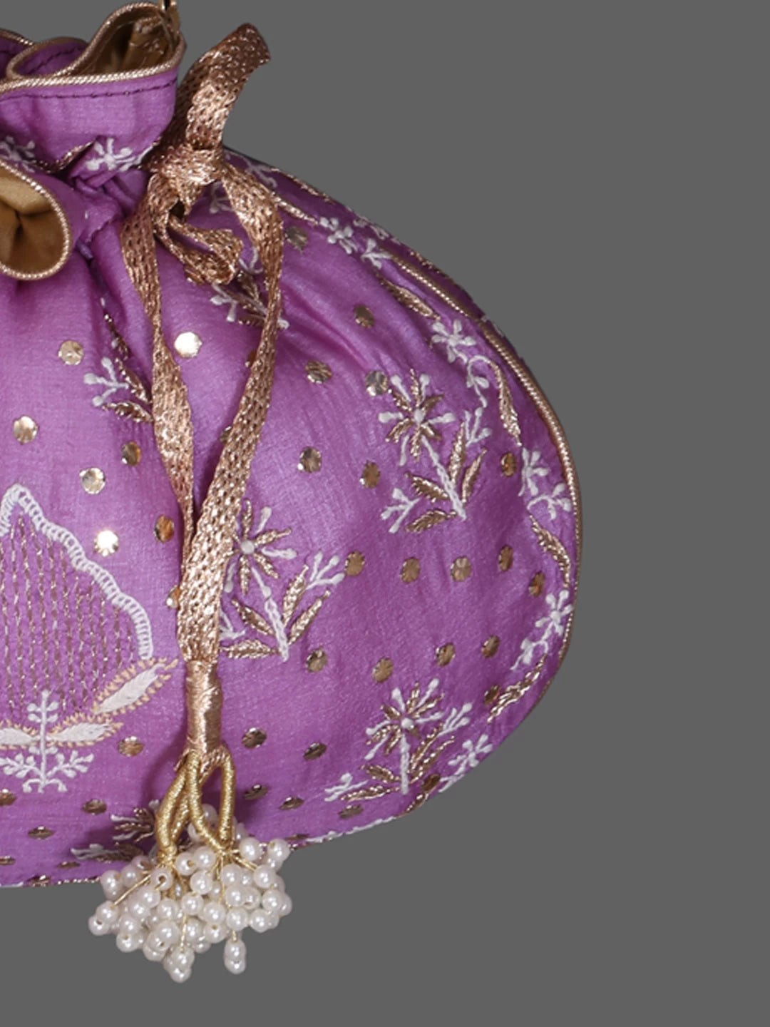 Ada Hand Embroidered Mauve Silk Lucknowi Chikankari Potli Bag With Zari Work 01A398088