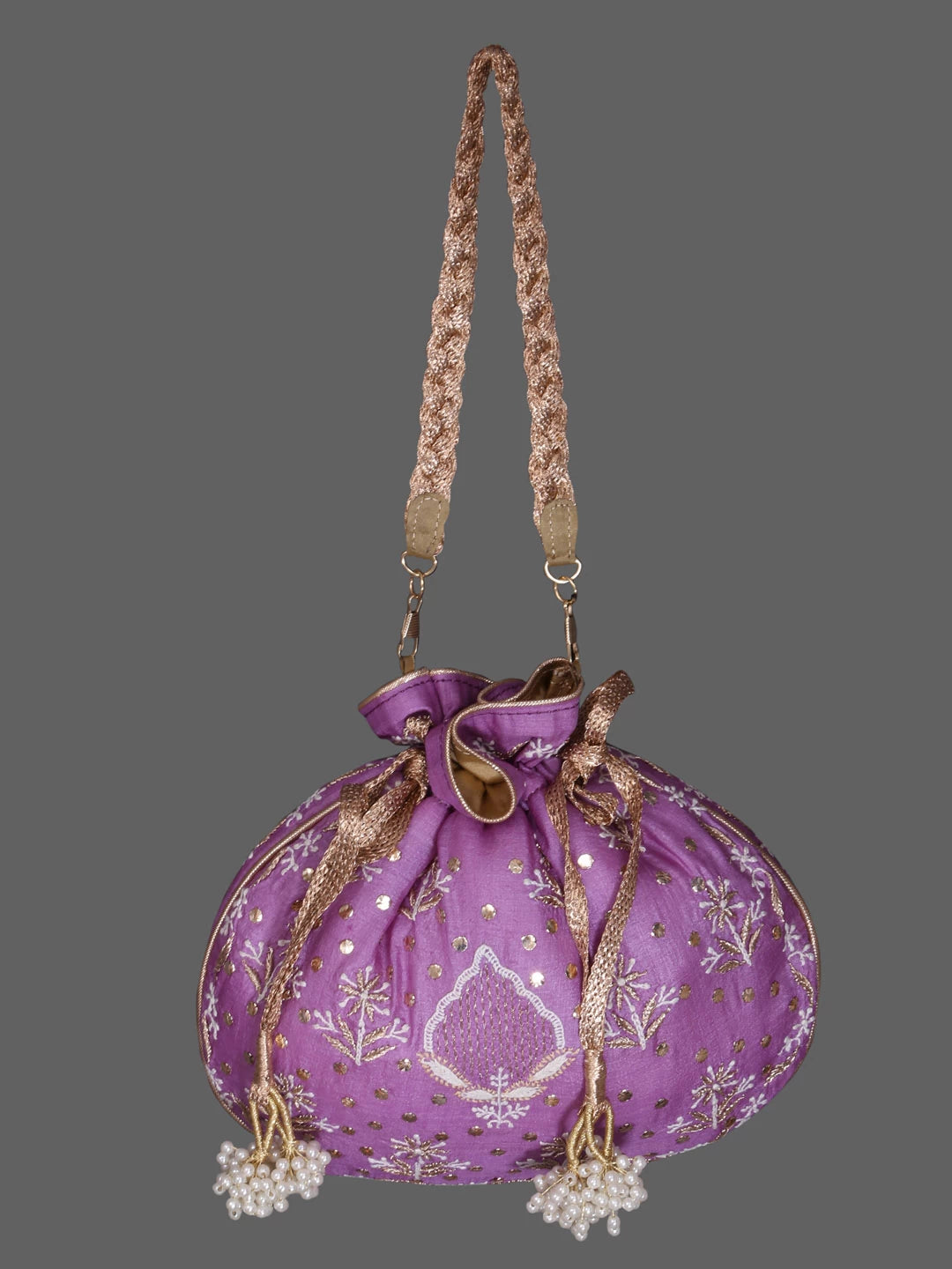 Ada Hand Embroidered Mauve Silk Lucknowi Chikankari Potli Bag With Zari Work 01A398088