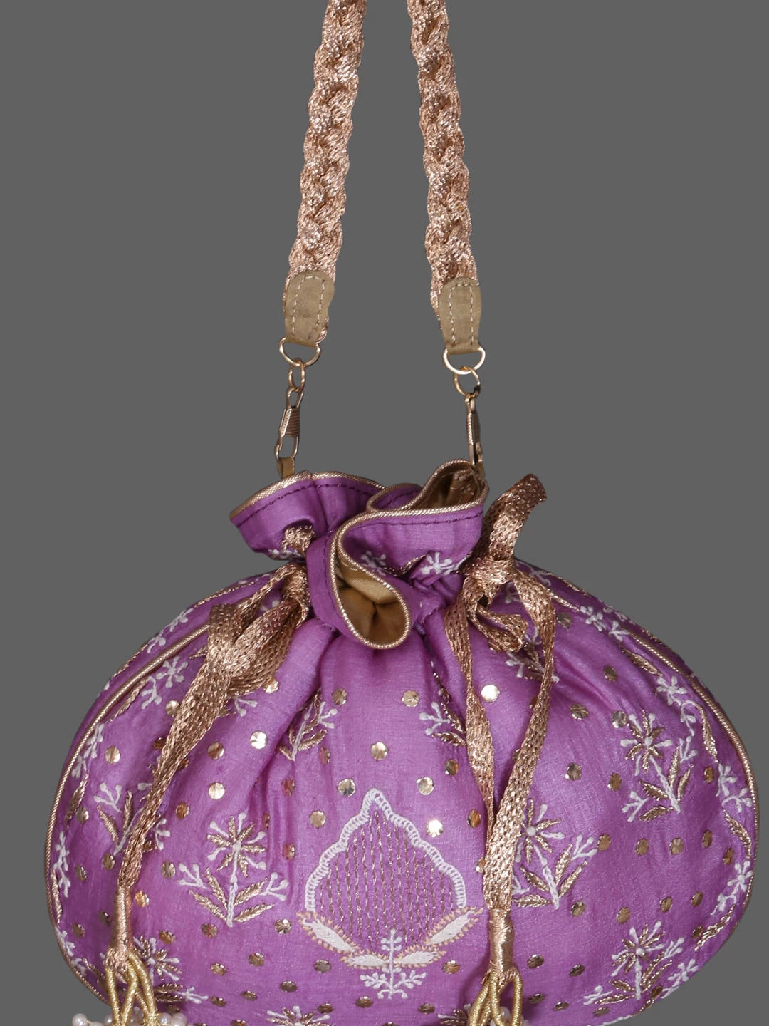 Ada Hand Embroidered Mauve Silk Lucknowi Chikankari Potli Bag With Zari Work 01A398088