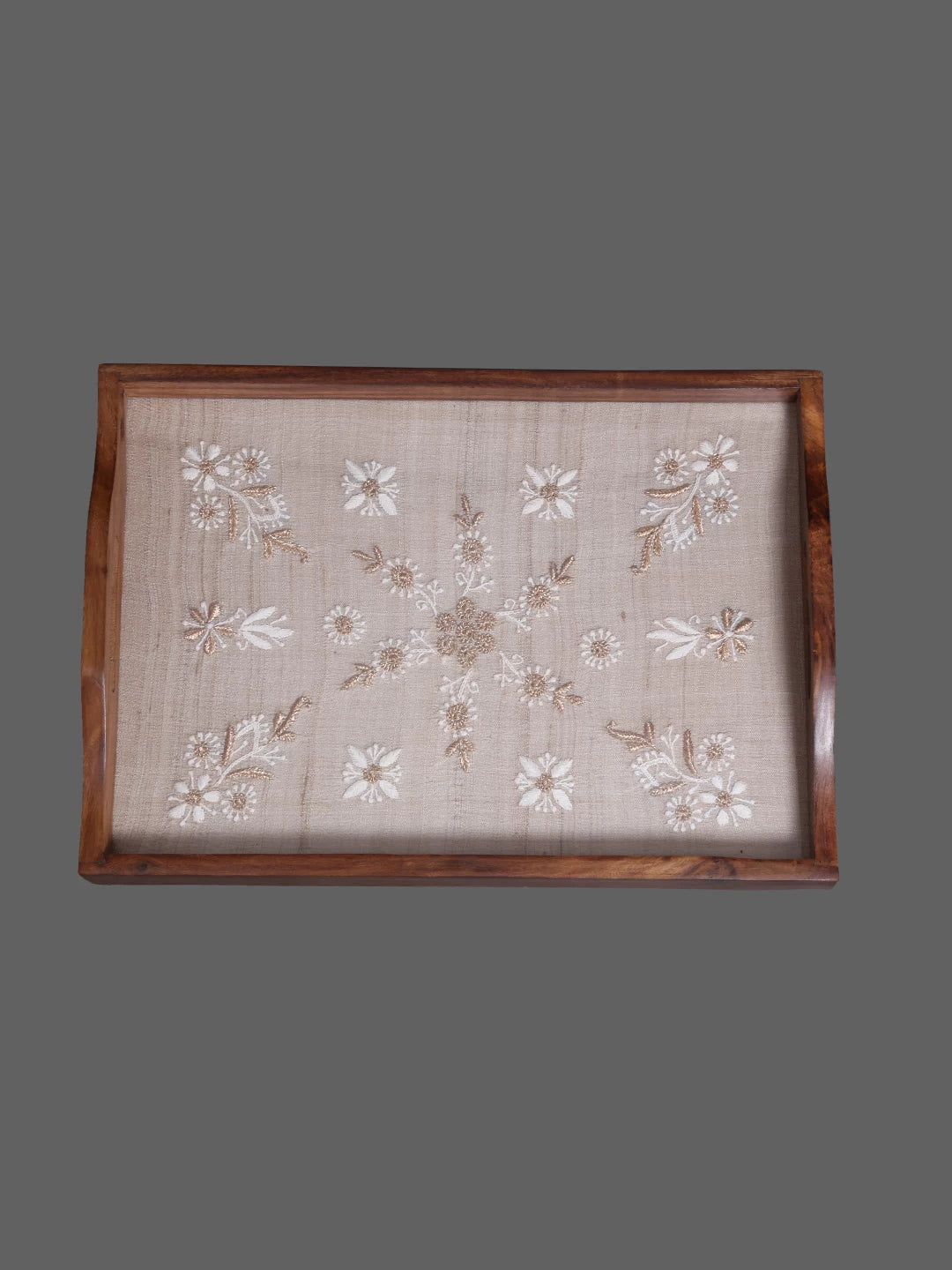 Ada Hand Embroidered Fawn Silk Lucknowi Chikankari Tray With Zari Work 01A393641
