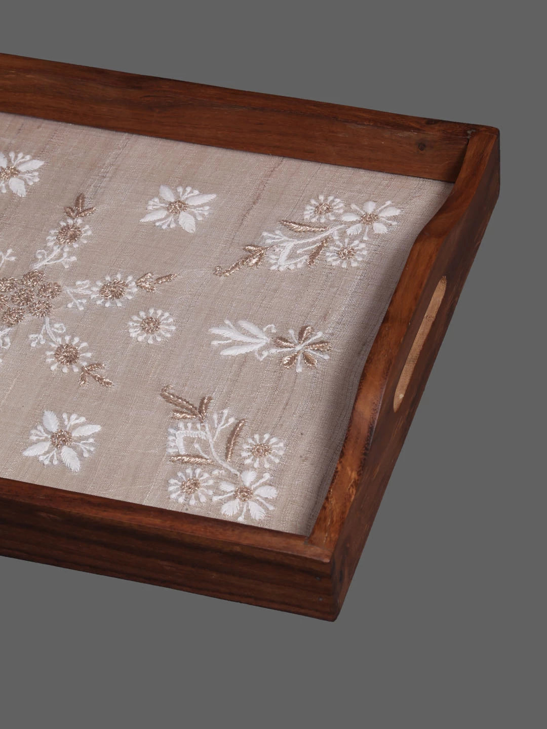 Ada Hand Embroidered Fawn Silk Lucknowi Chikankari Tray With Zari Work 01A393641