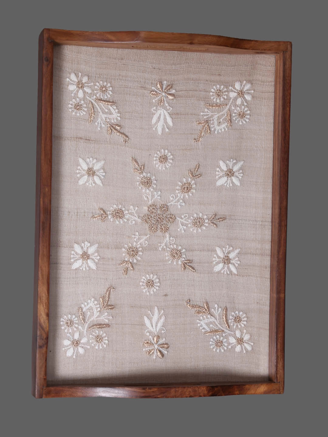 Ada Hand Embroidered Fawn Silk Lucknowi Chikankari Tray With Zari Work 01A393641