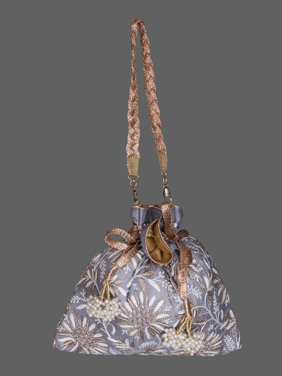 Ada Hand Embroidered Grey Silk Lucknowi Chikankari Potli Bag With Zari Work 01A398078
