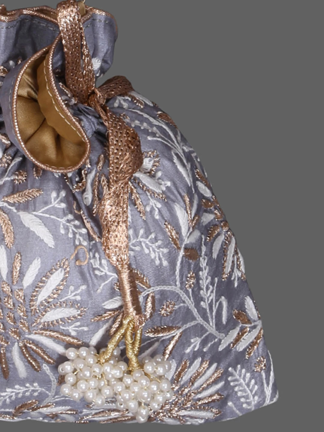 Ada Hand Embroidered Grey Silk Lucknowi Chikankari Potli Bag With Zari Work 01A398078