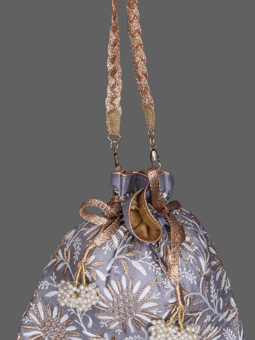 Ada Hand Embroidered Grey Silk Lucknowi Chikankari Potli Bag With Zari Work 01A398078
