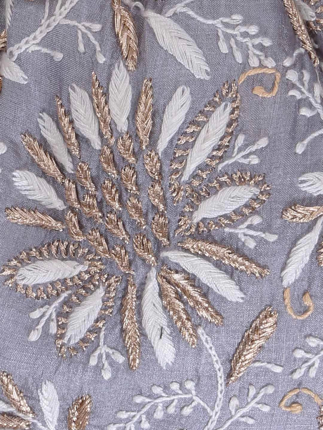 Ada Hand Embroidered Grey Silk Lucknowi Chikankari Potli Bag With Zari Work 01A398078