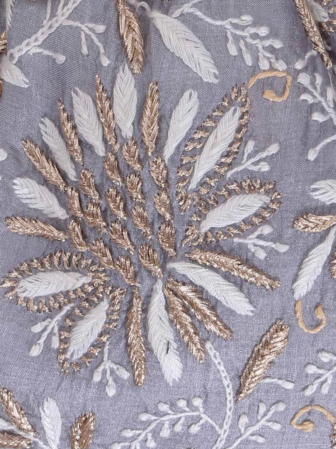 Ada Hand Embroidered Grey Silk Lucknowi Chikankari Potli Bag With Zari Work 01A398078