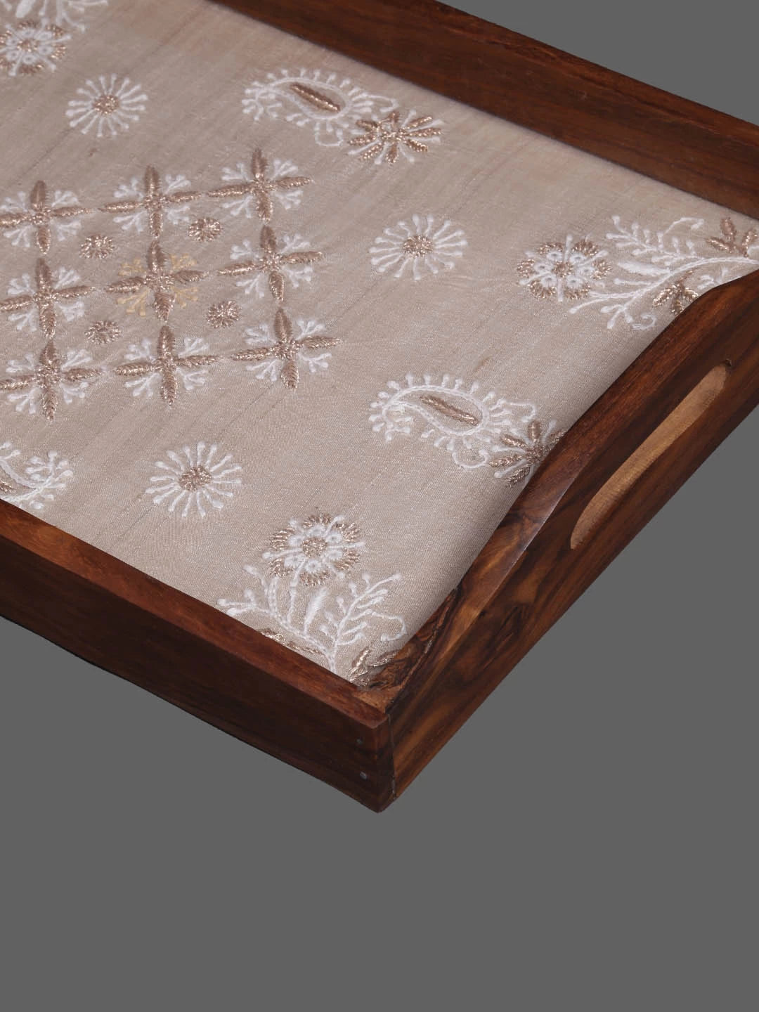 Ada Hand Embroidered Fawn Silk Lucknowi Chikankari Tray With Zari Work 01A393648