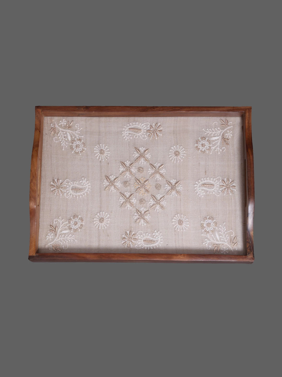 Ada Hand Embroidered Fawn Silk Lucknowi Chikankari Tray With Zari Work 01A393648