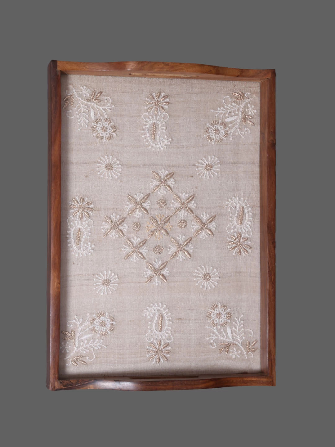 Ada Hand Embroidered Fawn Silk Lucknowi Chikankari Tray With Zari Work 01A393648