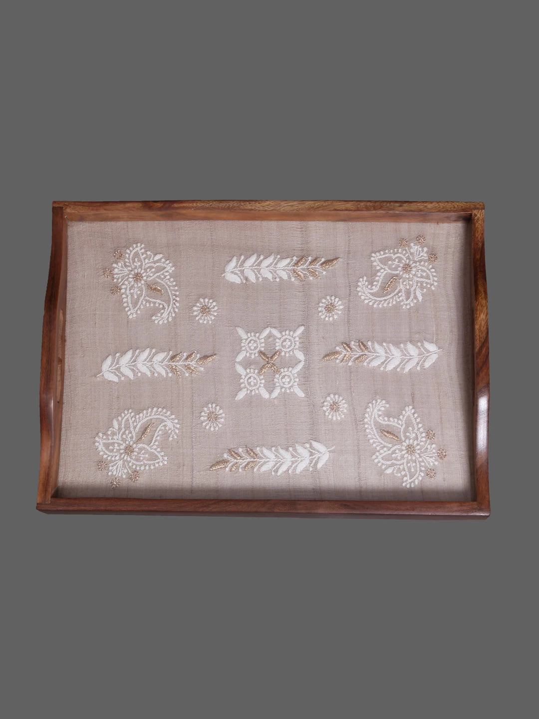 Ada Hand Embroidered Fawn Silk Lucknowi Chikankari Tray With Zari Work 01A393647
