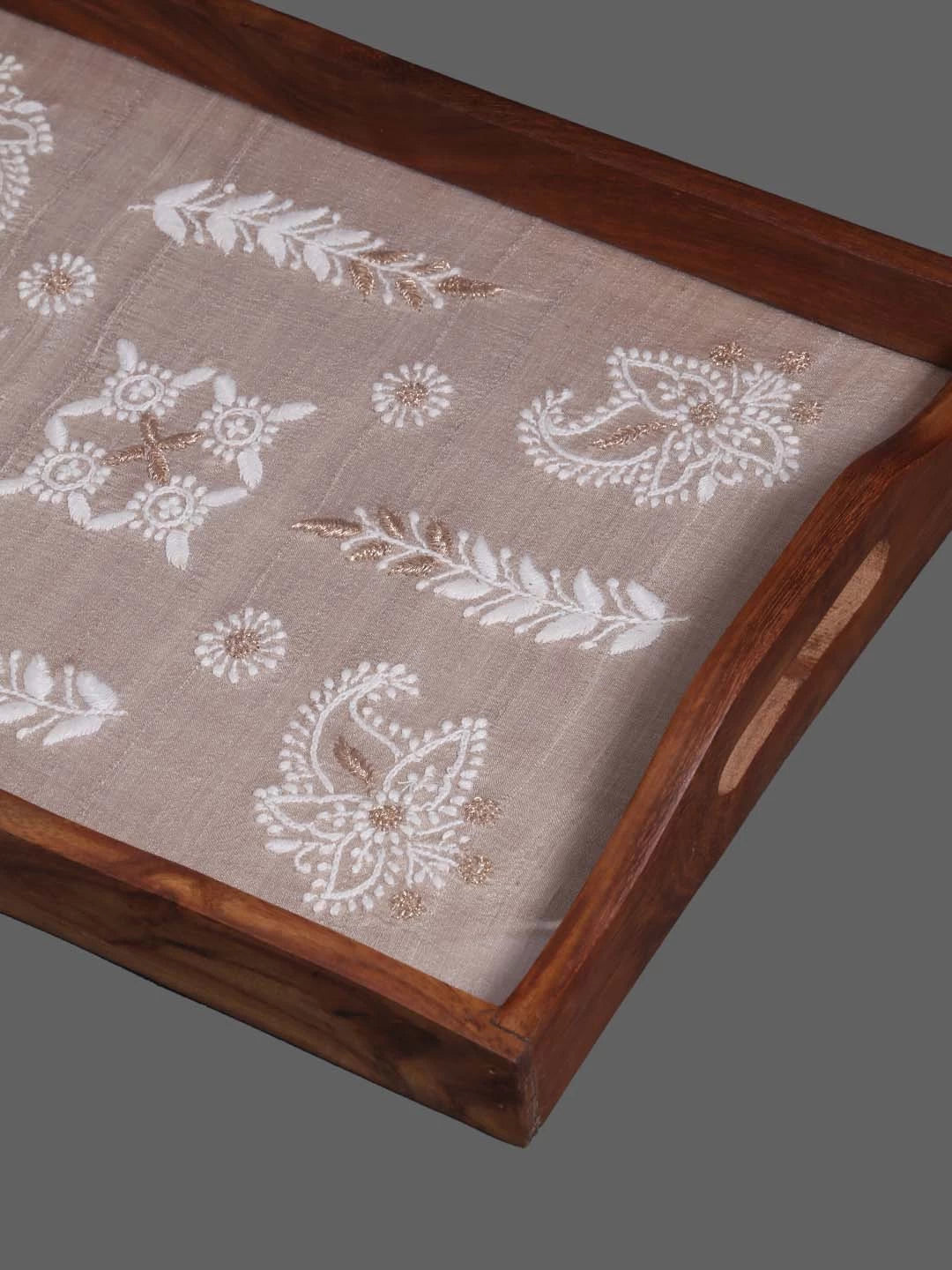 Ada Hand Embroidered Fawn Silk Lucknowi Chikankari Tray With Zari Work 01A393647