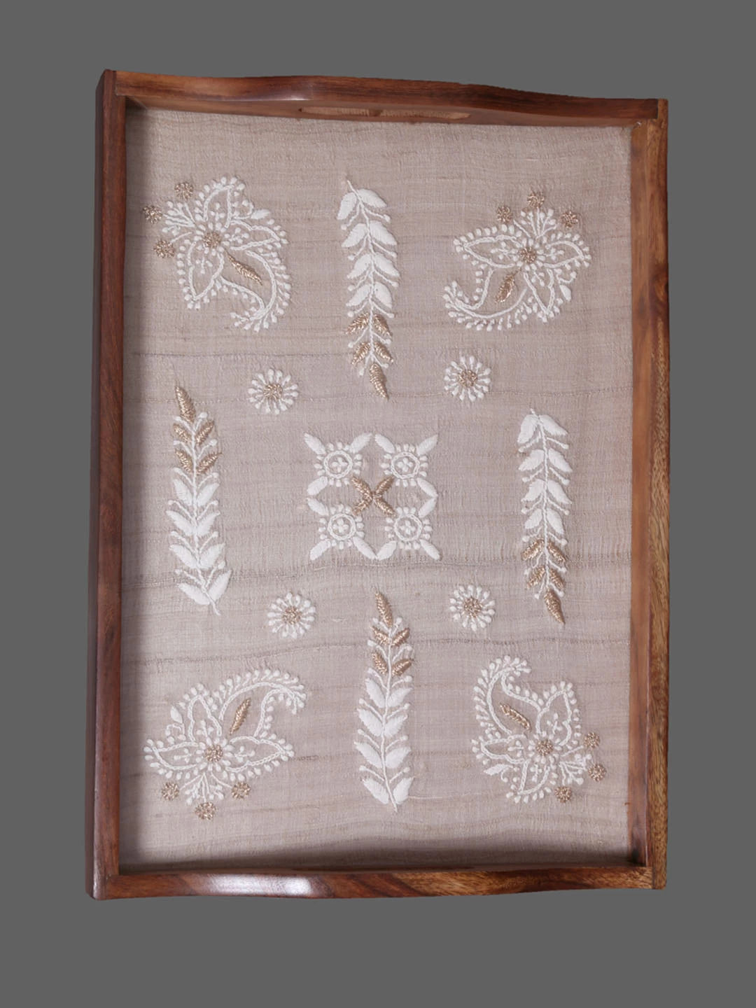 Ada Hand Embroidered Fawn Silk Lucknowi Chikankari Tray With Zari Work 01A393647