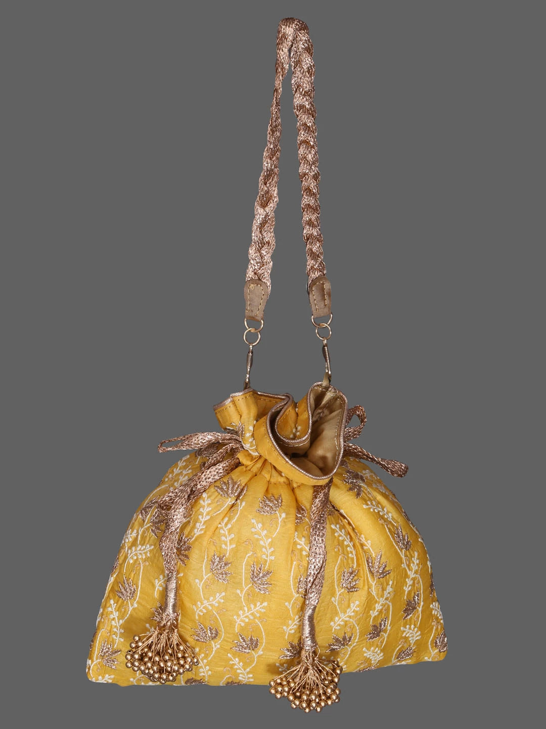 Ada Hand Embroidered Mustard Silk Lucknowi Chikankari Potli Bag With Zari Work 01A398068