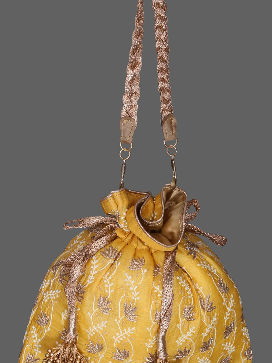 Ada Hand Embroidered Mustard Silk Lucknowi Chikankari Potli Bag With Zari Work 01A398068