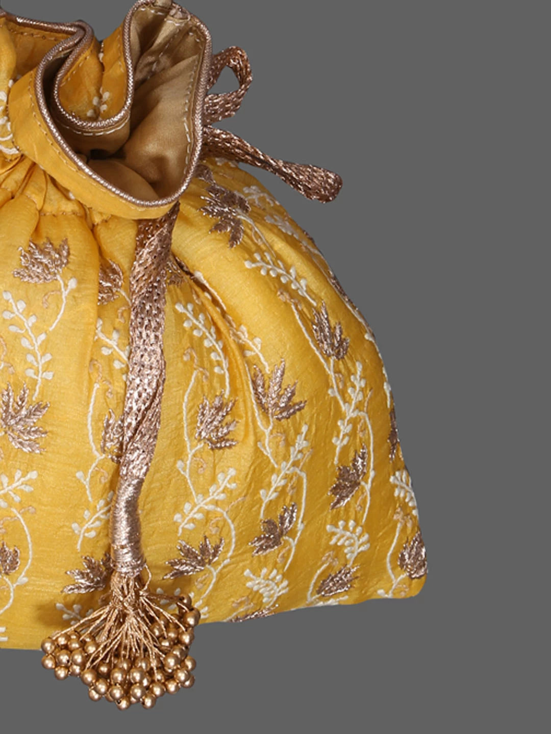 Ada Hand Embroidered Mustard Silk Lucknowi Chikankari Potli Bag With Zari Work 01A398068