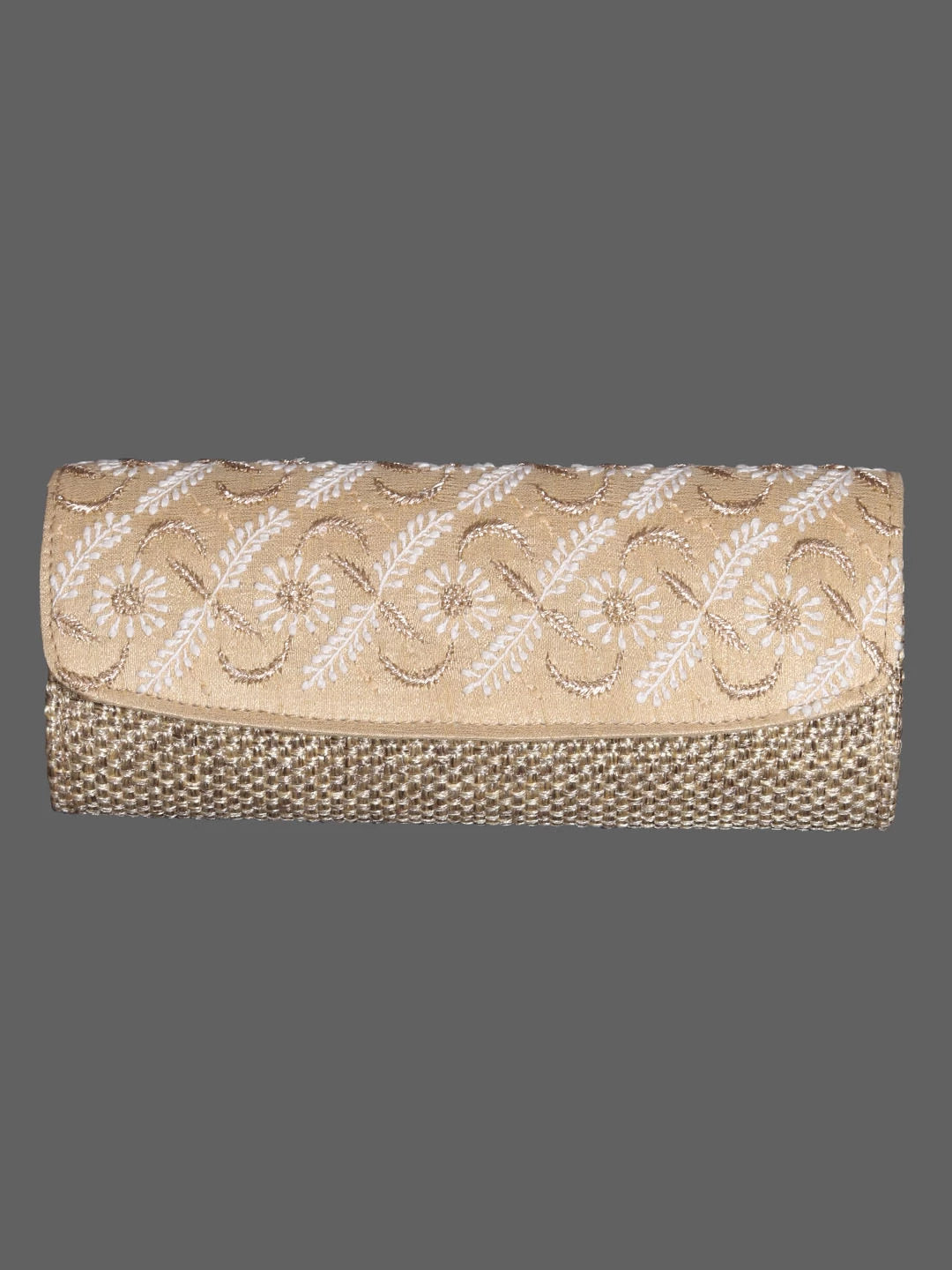 Ada Hand Embroidered Fawn Silk Lucknowi Chikankari Clutch With Zari Work 01A398270