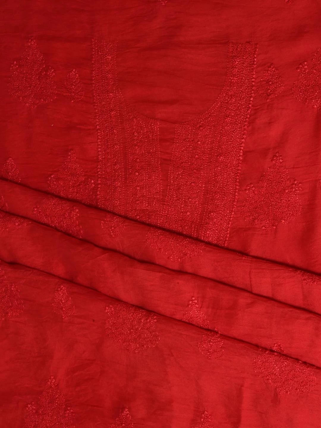 Ada Hand Embroidered Red Chanderi Lucknowi Chikankari Unstitched Kurta Piece 01A325119