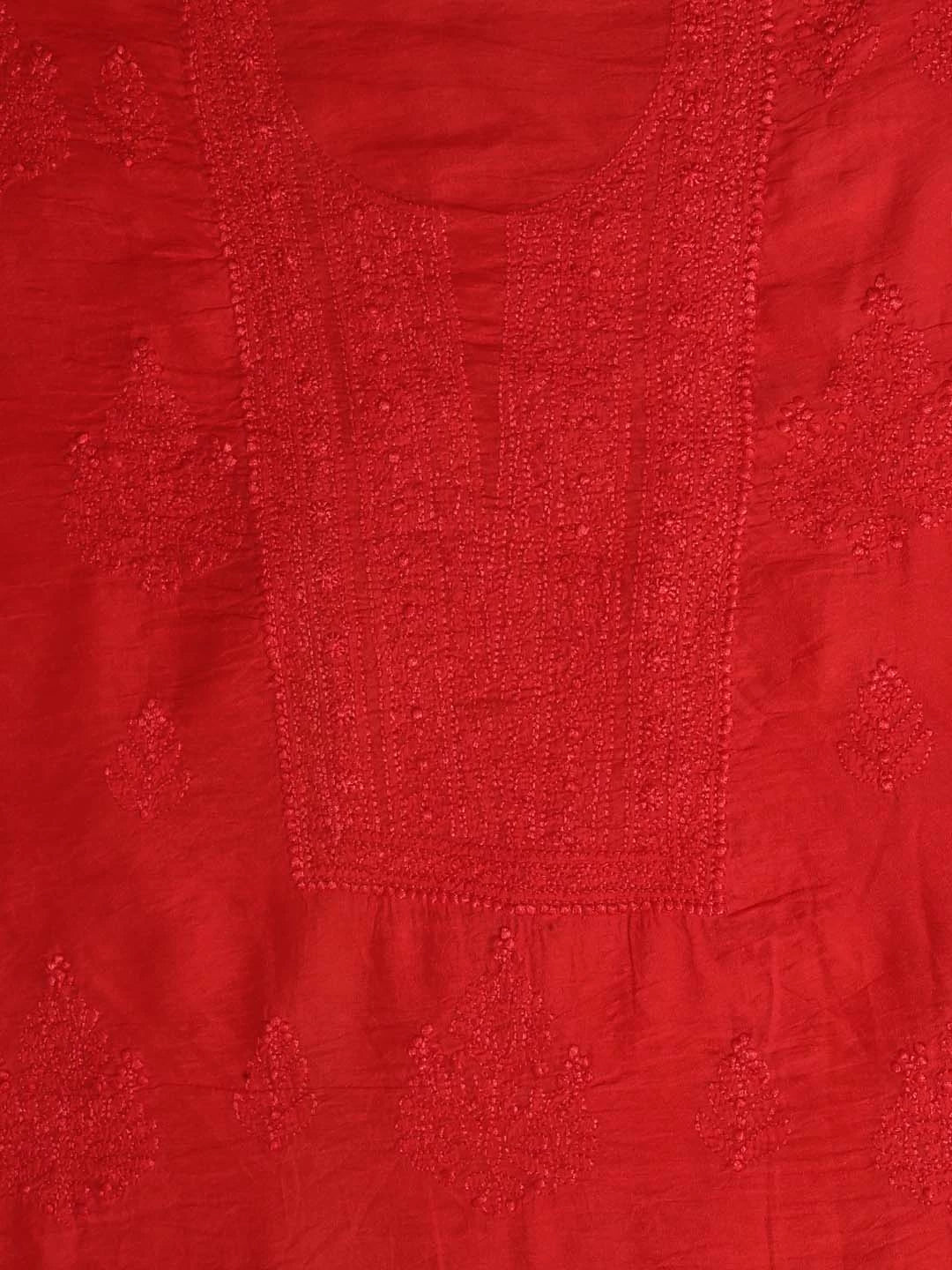 Ada Hand Embroidered Red Chanderi Lucknowi Chikankari Unstitched Kurta Piece 01A325119