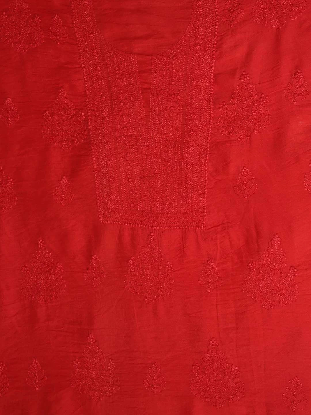 Ada Hand Embroidered Red Chanderi Lucknowi Chikankari Unstitched Kurta Piece 01A325119