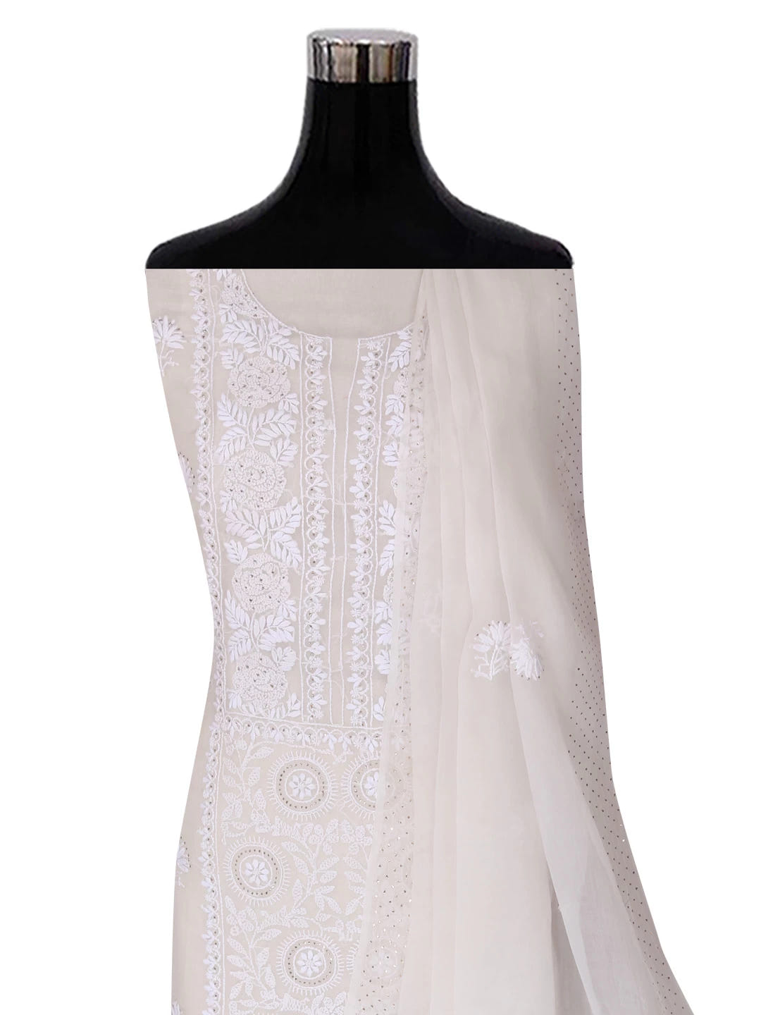 Ada Hand Embroidered White Organza Lucknowi Chikankari Semi-stitched Kurta Dupatta Set With Muqaish Work 01A393587