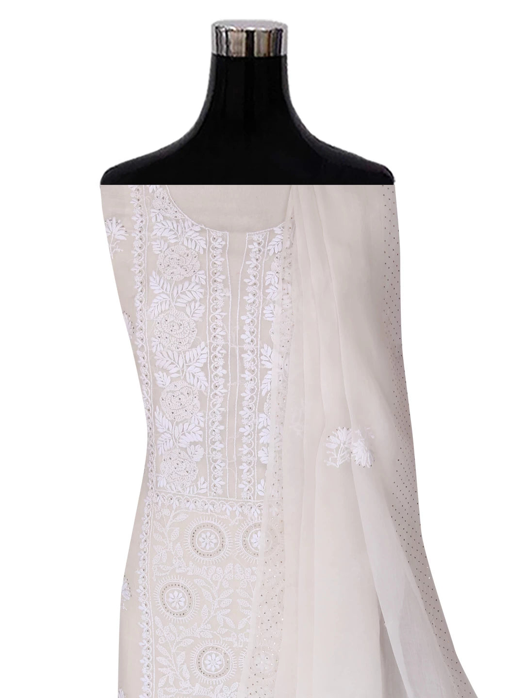 Ada Hand Embroidered White Organza Lucknowi Chikankari Semi-stitched Kurta Dupatta Set With Muqaish Work 01A393587