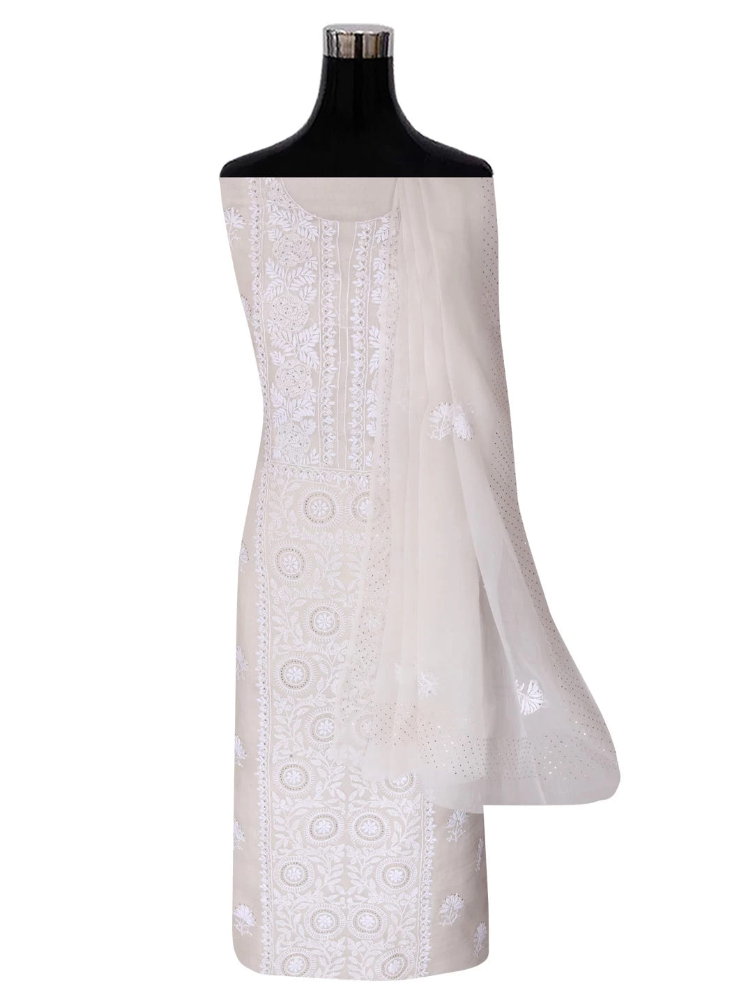 Ada Hand Embroidered White Organza Lucknowi Chikankari Semi-stitched Kurta Dupatta Set With Muqaish Work 01A393587