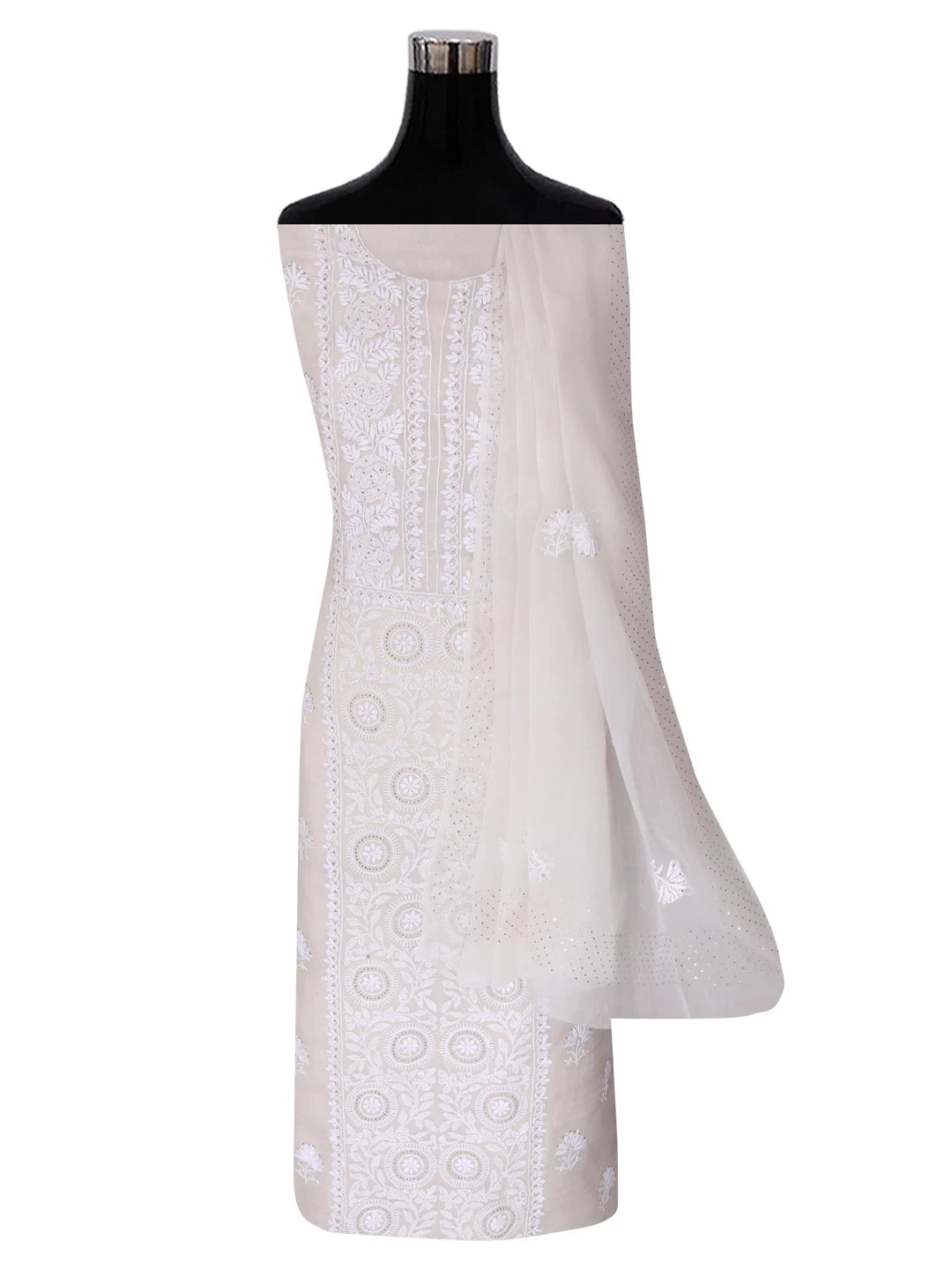 Ada Hand Embroidered White Organza Lucknowi Chikankari Semi-stitched Kurta Dupatta Set With Muqaish Work 01A393587