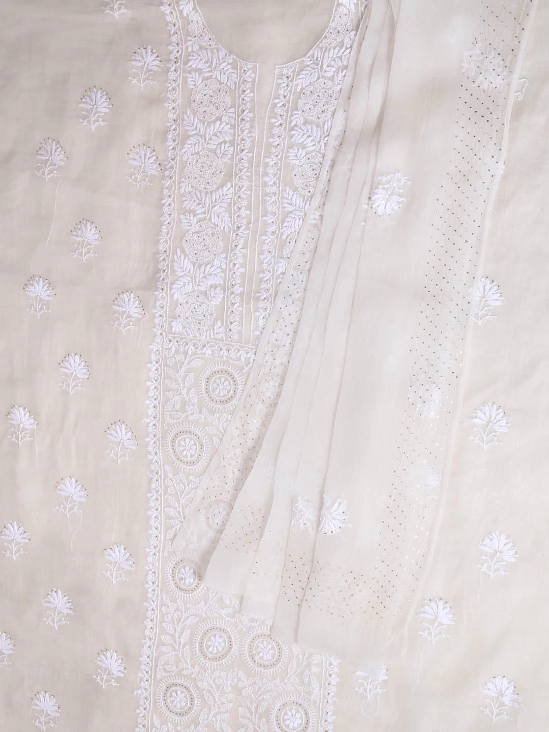 Ada Hand Embroidered White Organza Lucknowi Chikankari Semi-stitched Kurta Dupatta Set With Muqaish Work 01A393587