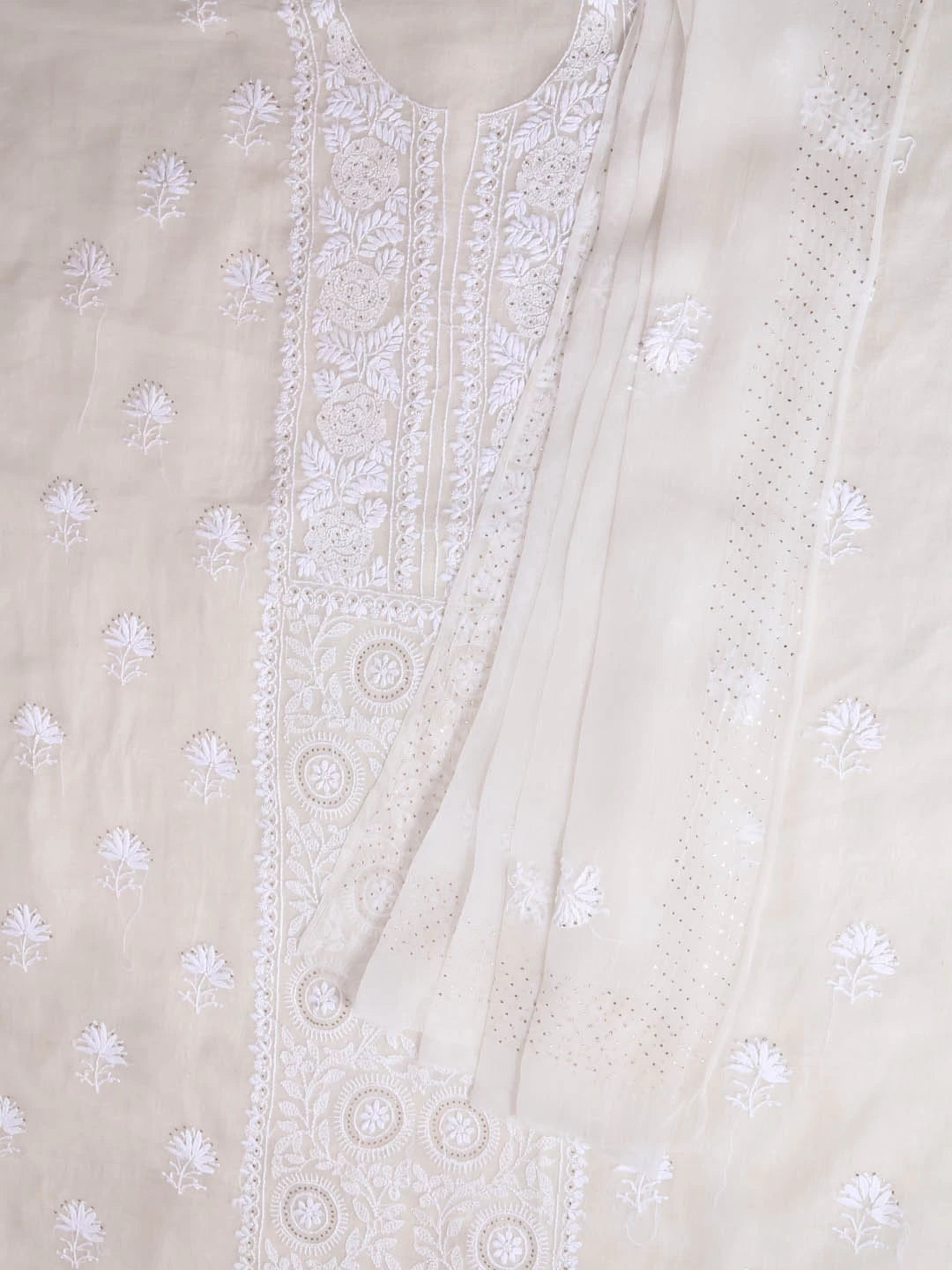 Ada Hand Embroidered White Organza Lucknowi Chikankari Semi-stitched Kurta Dupatta Set With Muqaish Work 01A393587