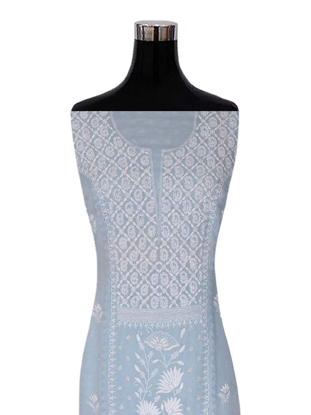 Ada Hand Embroidered Grey Tissue Lucknowi Chikankari Semi-stitched Kurta Dupatta Set With Zari Work 01A342808