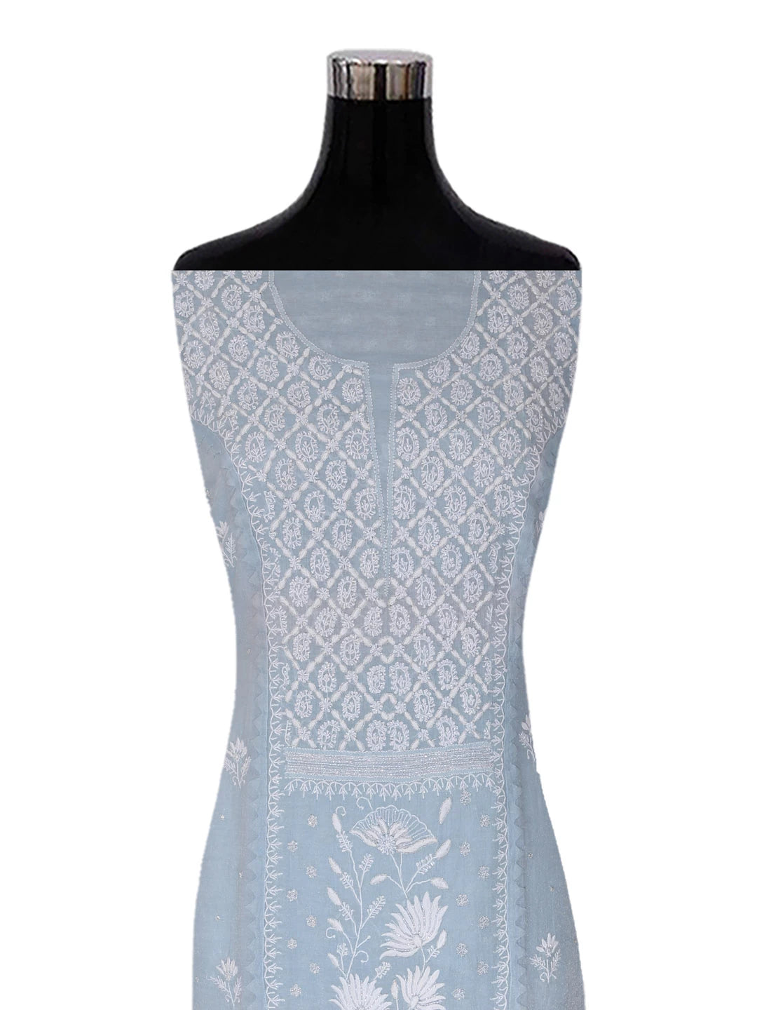 Ada Hand Embroidered Grey Tissue Lucknowi Chikankari Semi-stitched Kurta Dupatta Set With Zari Work 01A342808