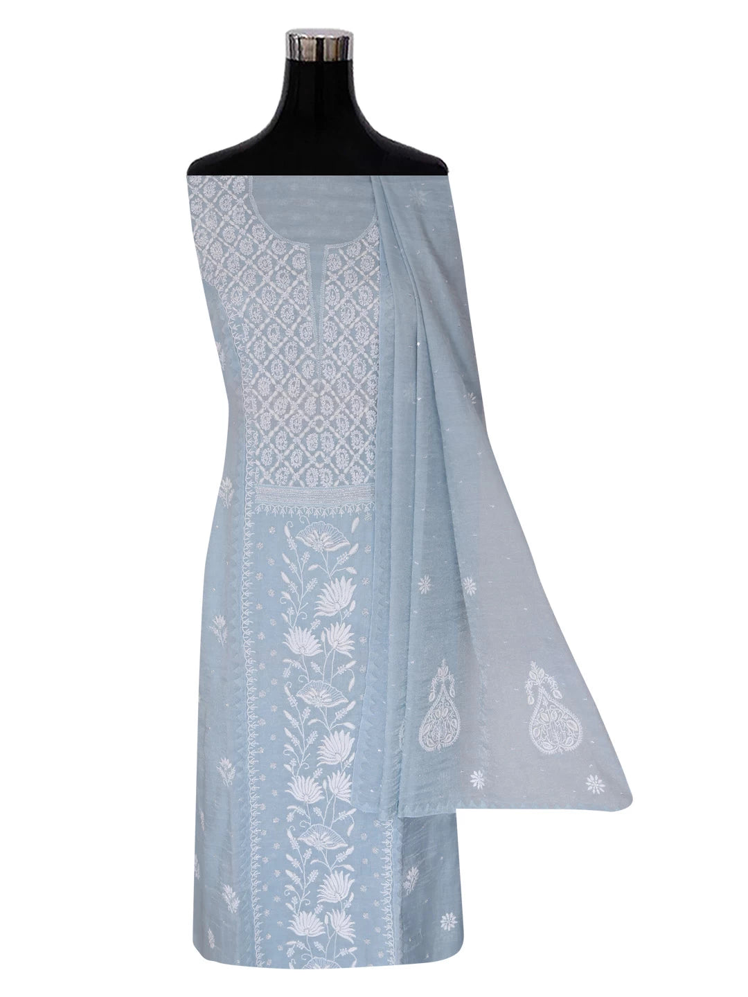 Ada Hand Embroidered Grey Tissue Lucknowi Chikankari Semi-stitched Kurta Dupatta Set With Zari Work 01A342808