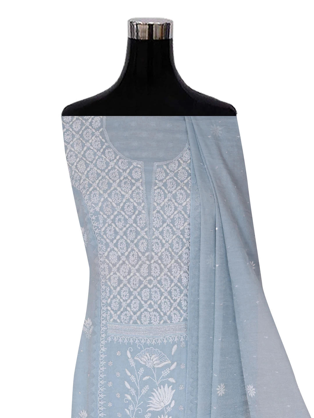 Ada Hand Embroidered Grey Tissue Lucknowi Chikankari Semi-stitched Kurta Dupatta Set With Zari Work 01A342808