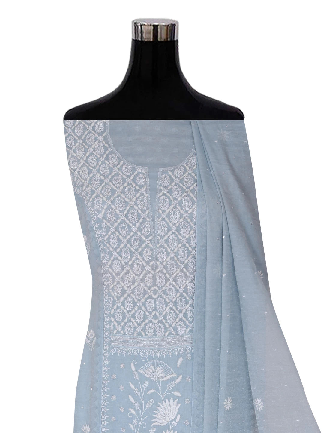 Ada Hand Embroidered Grey Tissue Lucknowi Chikankari Semi-stitched Kurta Dupatta Set With Zari Work 01A342808