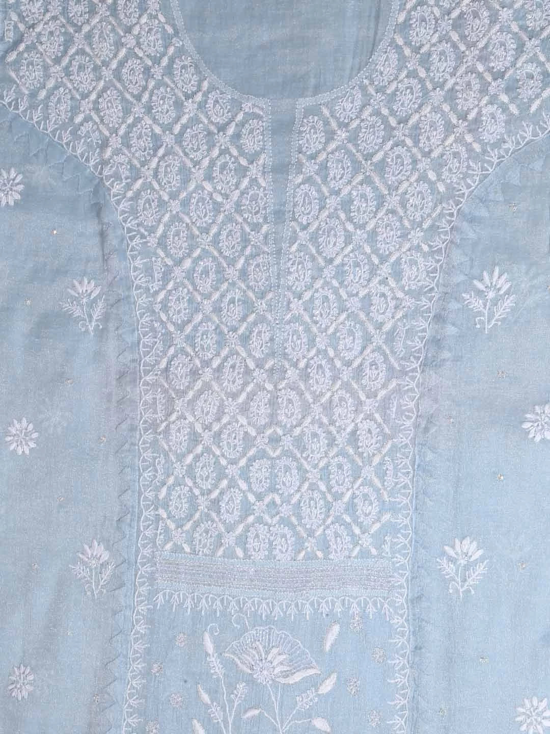 Ada Hand Embroidered Grey Tissue Lucknowi Chikankari Semi-stitched Kurta Dupatta Set With Zari Work 01A342808