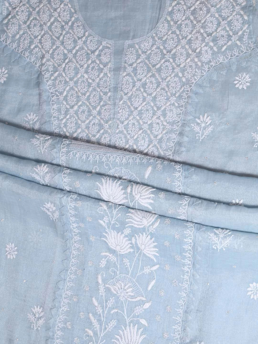 Ada Hand Embroidered Grey Tissue Lucknowi Chikankari Semi-stitched Kurta Dupatta Set With Zari Work 01A342808