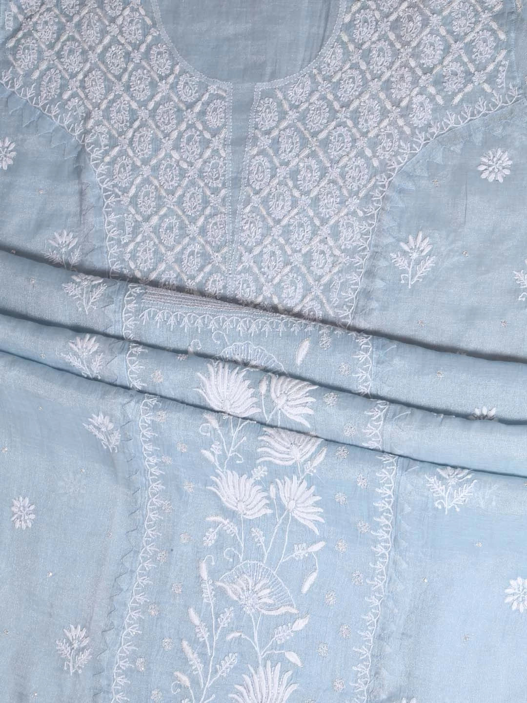Ada Hand Embroidered Grey Tissue Lucknowi Chikankari Semi-stitched Kurta Dupatta Set With Zari Work 01A342808