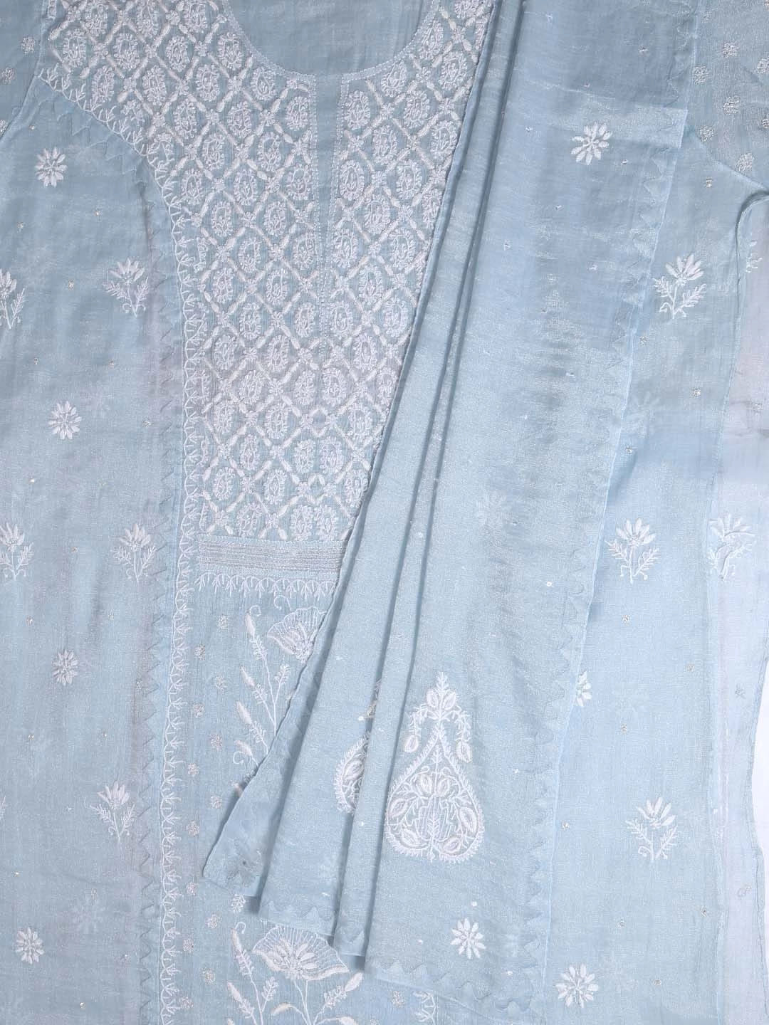 Ada Hand Embroidered Grey Tissue Lucknowi Chikankari Semi-stitched Kurta Dupatta Set With Zari Work 01A342808