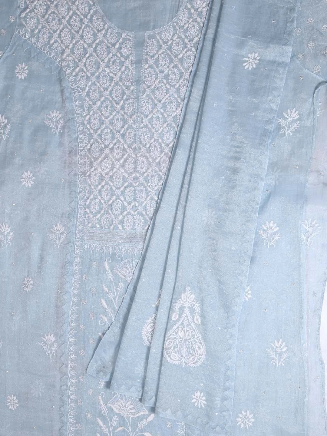Ada Hand Embroidered Grey Tissue Lucknowi Chikankari Semi-stitched Kurta Dupatta Set With Zari Work 01A342808