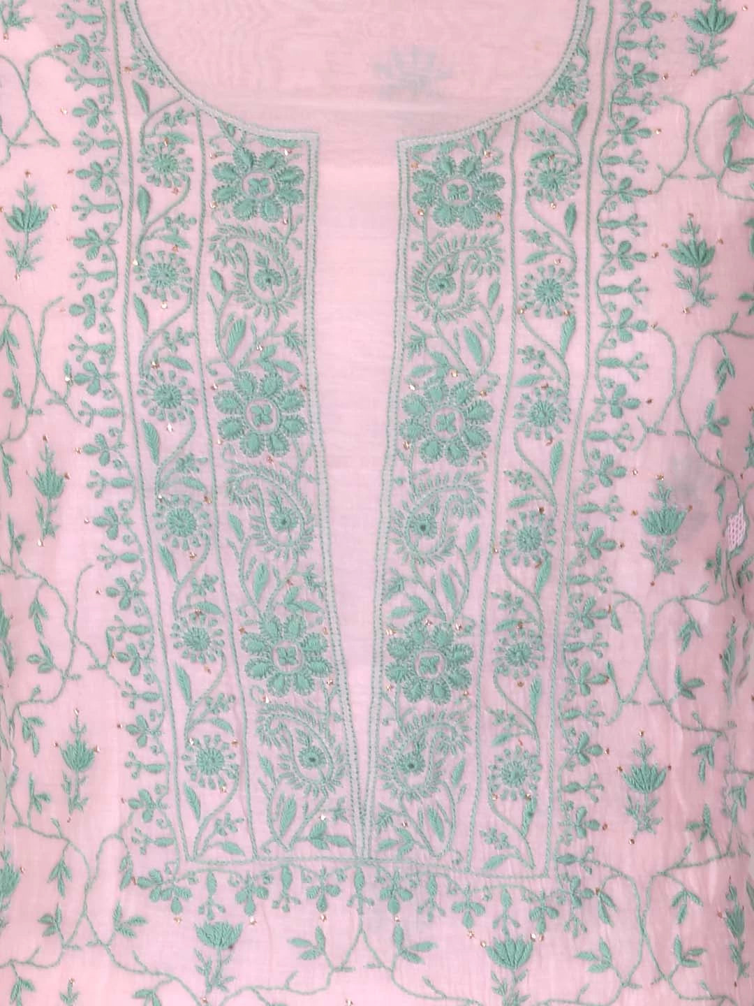 Ada Hand Embroidered Spanish Pink Chanderi Lucknowi Chikankari Unstitched Kurta Dupatta Set With Muqaish Work 01A396490