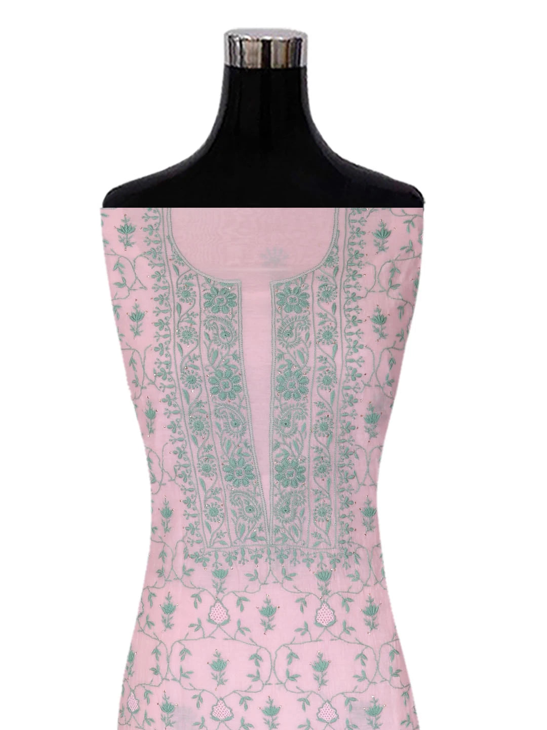 Ada Hand Embroidered Spanish Pink Chanderi Lucknowi Chikankari Unstitched Kurta Dupatta Set With Muqaish Work 01A396490