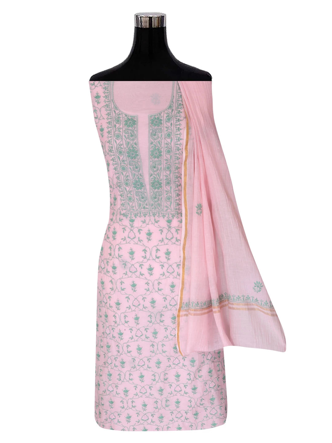 Ada Hand Embroidered Spanish Pink Chanderi Lucknowi Chikankari Unstitched Kurta Dupatta Set With Muqaish Work 01A396490