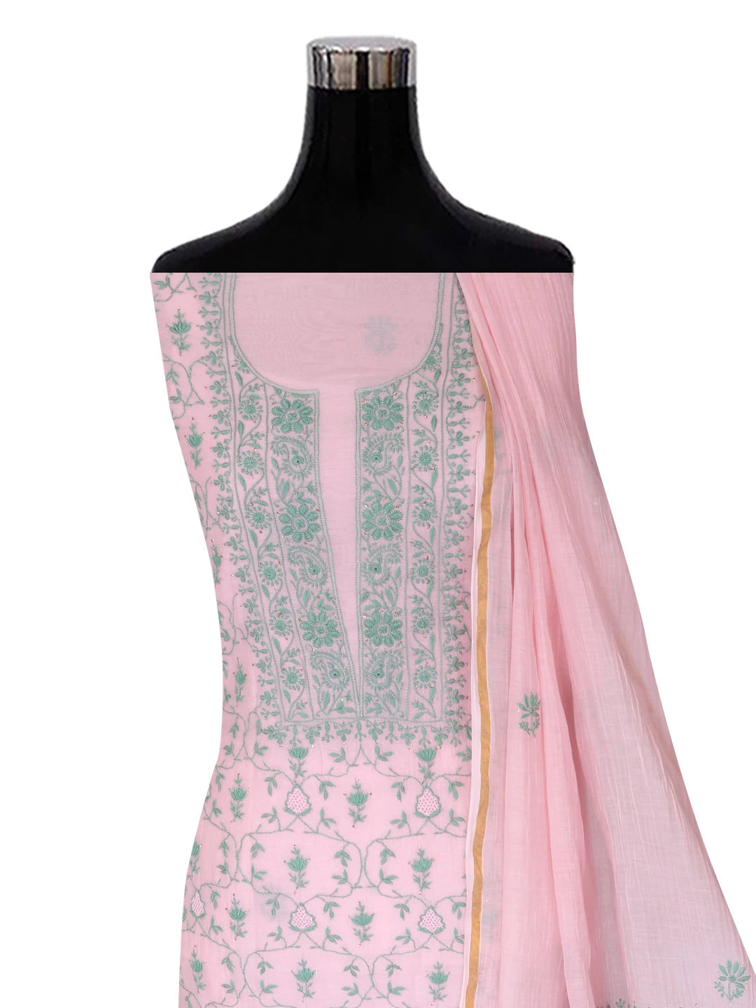 Ada Hand Embroidered Spanish Pink Chanderi Lucknowi Chikankari Unstitched Kurta Dupatta Set With Muqaish Work 01A396490